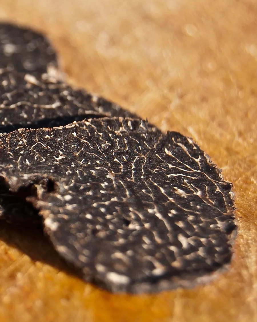 Fette di tartufo nero pregiato (Tuber melanosporum) su un tagliere