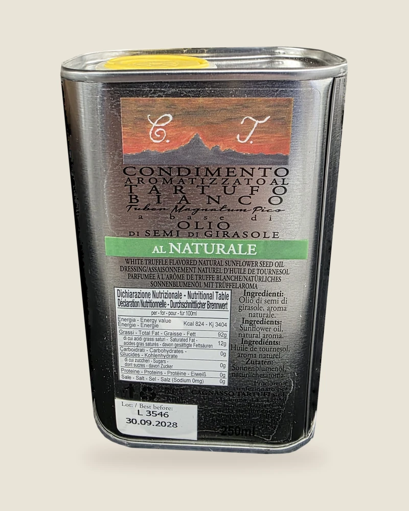 Condimento aromatizzato al tartufo bianco – Lattina · 250 ml · base olio di semi di girasole